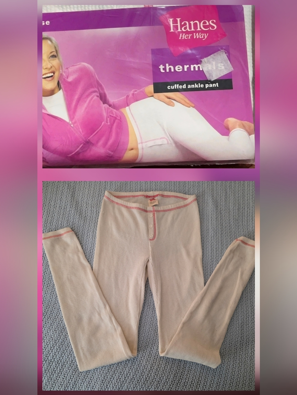 Vintage Hanes 1990s 2000s Y2k Pink Stitching White Thermal Pants